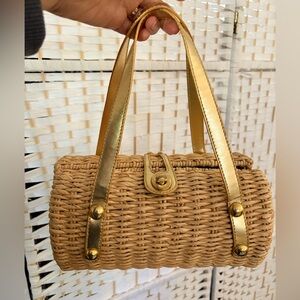 Woven Straw Handbag with Gold Trim - Mid-century modern So Cute!!